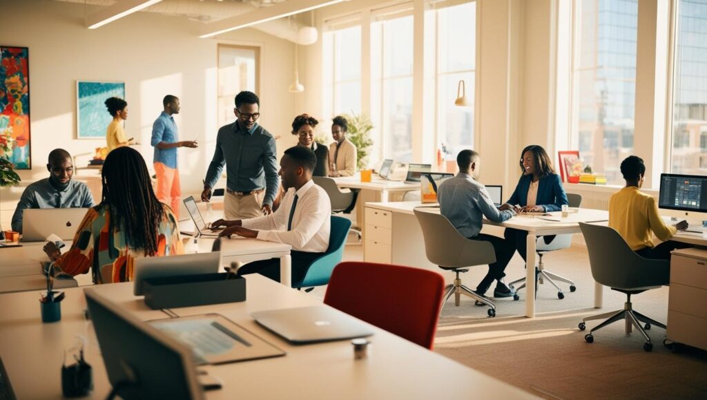 A Office scene with people working in it